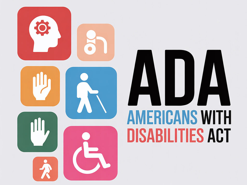Illustration of various signs representing accessibility and disabilities, with the text: "ADA: Americans with Disabilities Act"