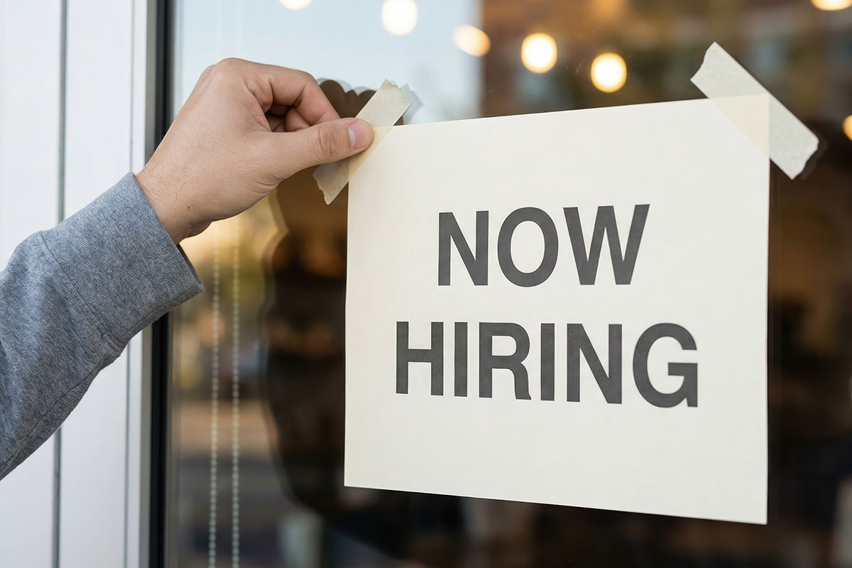 Promo image for Jobs section of the website. A man is posting a "help wanted" sign on a door.