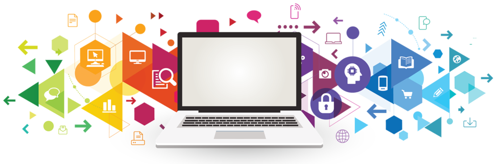 Illustration of laptop computer and other technology-related items.