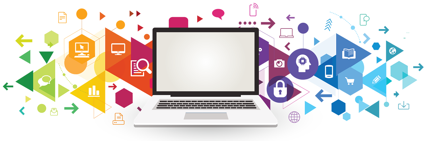 Illustration of laptop computer and other technology-related items.