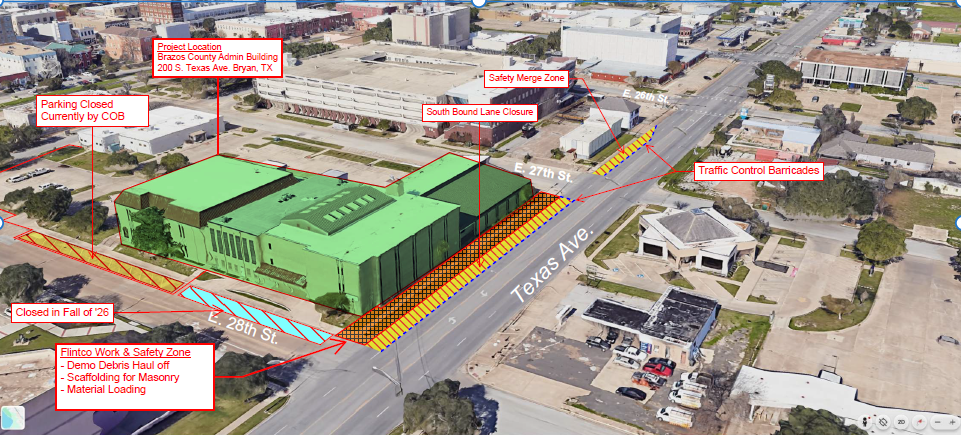 Map showing the Texas Ave. lane closures beginning September 7. Starting September 7, the outside southbound lane of Texas Avenue will be closed between 27th and 28th streets as the Brazos County Administration Building remodel continues along that side of the building. The closure will also affect a portion of the roadway between 26th and 27th streets with a barricaded merge lane (this may affect a Brazos Transit bus stop along that block). The inside southbound lane will remain open but could become more congested during peak traffic times. This closure is expected to remain in place through the end of 2026.