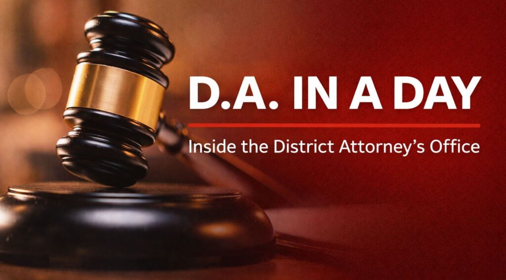 Promo for D.A. In a Day program showing a gavel and a courtroom.