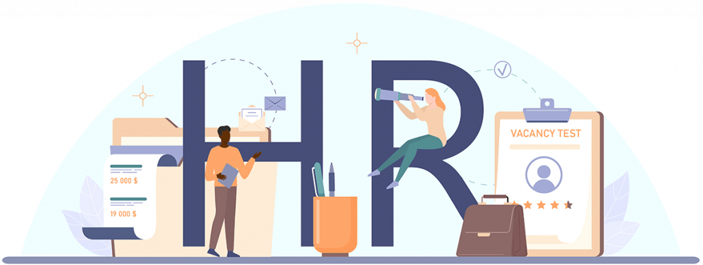 Illustration of workers doing Human Resources activities with a large H and R in the background.
