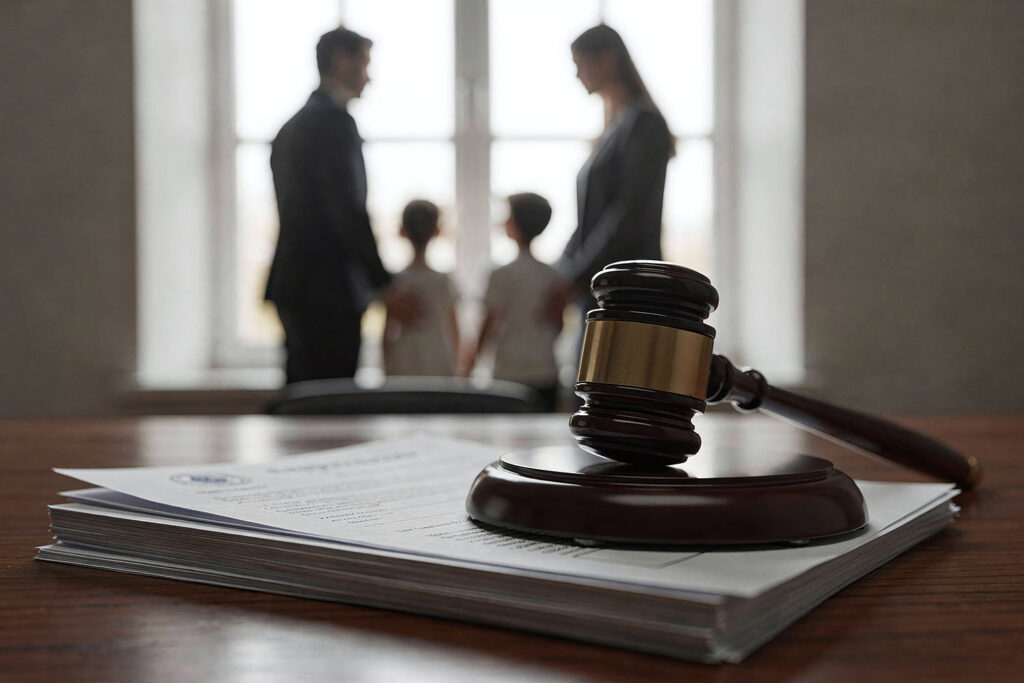 A man and a woman stand next to two young boys, with a court gavel and papers in the foreground.