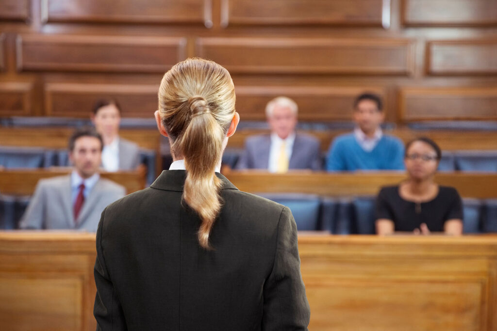 A female attorney presents a case to members of a jury.