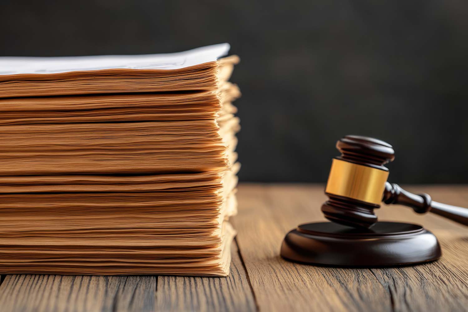 A stack of case files and a gavel.