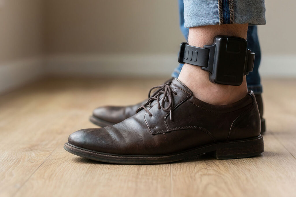An image of an electronic monitoring device used for probation or house arrest orders is attached to a person's ankle.