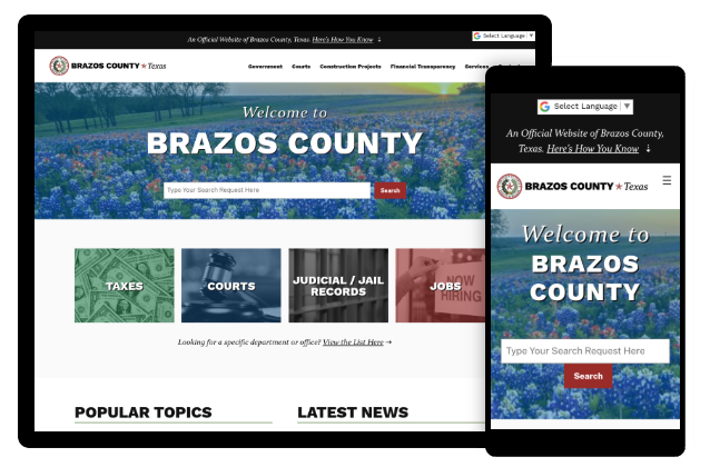 Brazos County website shown on a desktop screen and a mobile screen.